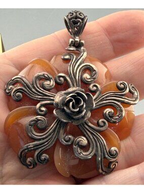 Vintage Carnelian Pendant Sterling Silver Wrapped  Carved Flower Large 2" Ornate